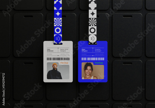 ID Badge and Lanyard Mockup – Dual ID Card Display with Colorful Straps on Minimal Black Background for Office or Event Use