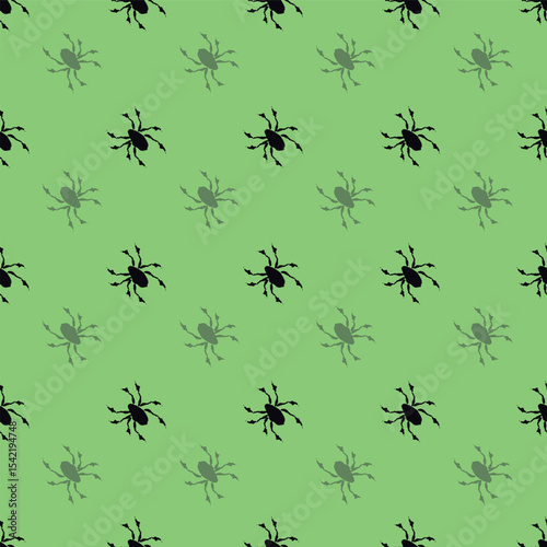Halloween seamless diagonal pattern with silhouette spiders. Vector hand drawn illustration. Tiny black arachnids on green background. October fall holidays backdrop for packaging, print.