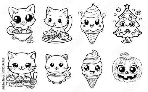 Eight Kawaiistyle illustrations depict cats ice cream cones a Christmas tree and a pumpkin with large cartoonish eyes and simple outlines