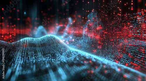 Abstract data visualization showcasing a futuristic landscape with glowing lines and particles representing digital information flow.
