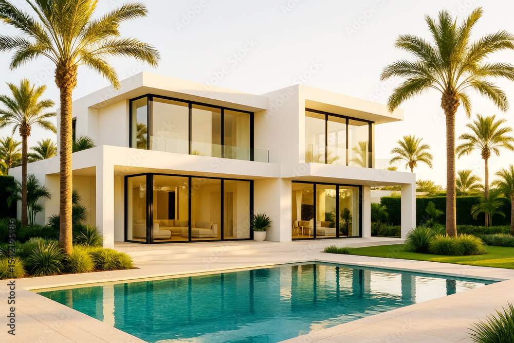 Fototapeta premium Modern Villa With Large Windows and Pool Surrounded by Palm Trees During Sunset in a Warm Climate
