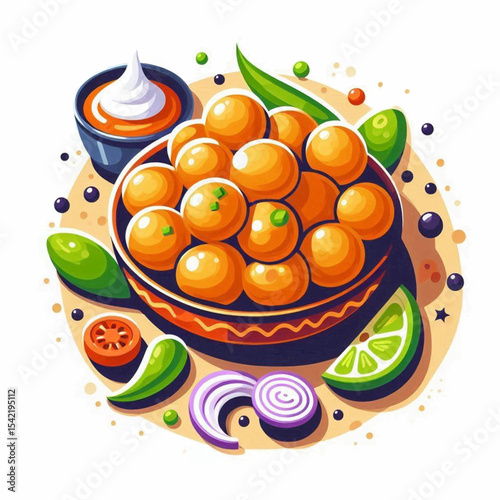 Dish of golgappe with sauces herbs and garnishes artistically arranged