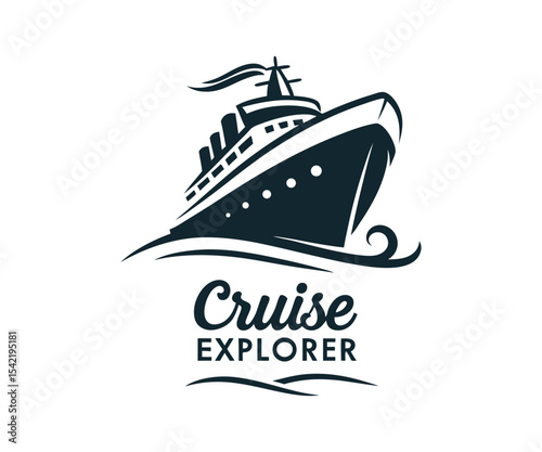 Elegant Cruise Explorer Logo Design with Ship Silhouette and Calligraphic Text, Vector Graphic for Travel Agencies and Nautical Businesses