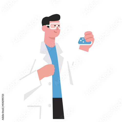 Young male scientist in lab coat holding beaker, vector illustration