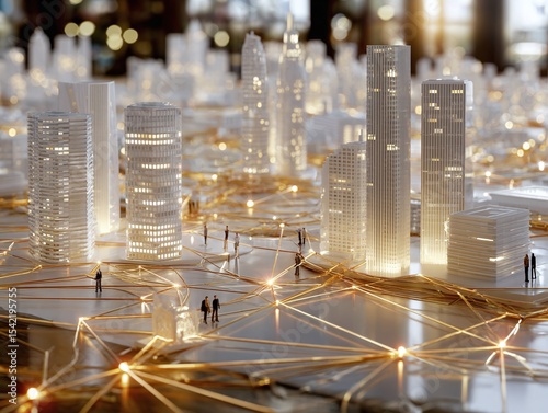 Illuminated City Model with Glowing Skyscrapers and Network Lines