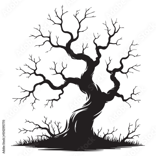 Silhouette of a Twisted Leafless Tree – Spooky Winter or Halloween Theme Vector