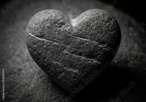 Enduring Stone Heart Symbol. This rugged, love-shaped artifact conveys resilience. Its rough surface and muted background emphasize strength and steadfastness.