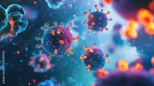 Close-up view of colorful virus particles with a neon-like glow, showcasing the intricate structure and complexity of microscopic life.