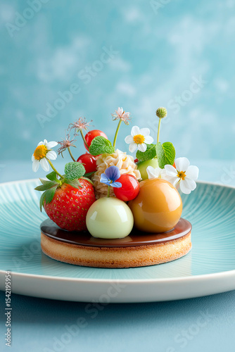 Gourmet tart decorated with glossy mousse spheres, fresh strawberries, edible flowers and herbs on a blue plate against a soft pastel background