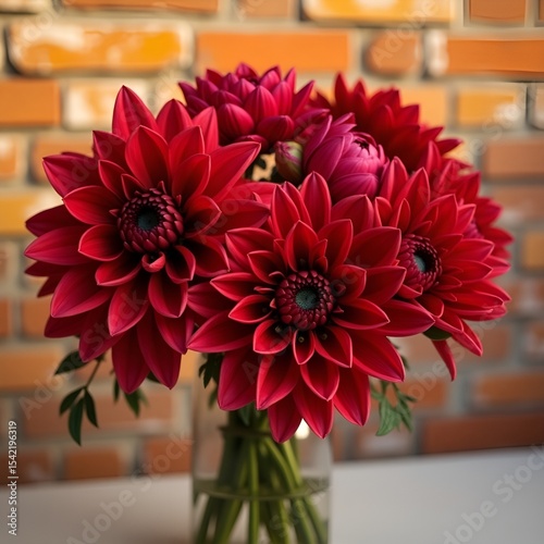 Vibrant Red Flowers Bouquet in a Vase Against a Brick Wall