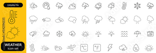Weather set of web icons in line style. Forecast weather icons for web and mobile app. Forecast, clouds, sunny day, wind, snowflakes, sun, rain, thunder storm, dew, wind, moon. Vector illustration