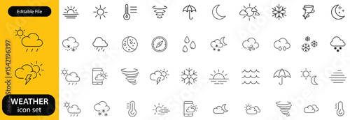 Weather set of web icons in line style. Forecast weather icons for web and mobile app. Forecast, clouds, sunny day, wind, snowflakes, sun, rain, thunder storm, dew, wind, moon. Vector illustration