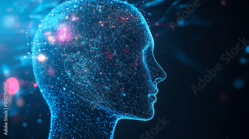 Futuristic digital profile of a human head, showcasing interconnected data points and glowing particles, symbolizing artificial intelligence.
