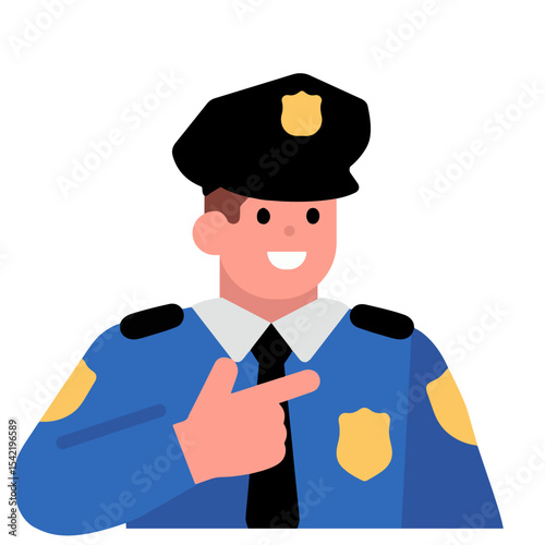 Friendly cartoon police officer pointing, vector illustration, blue uniform