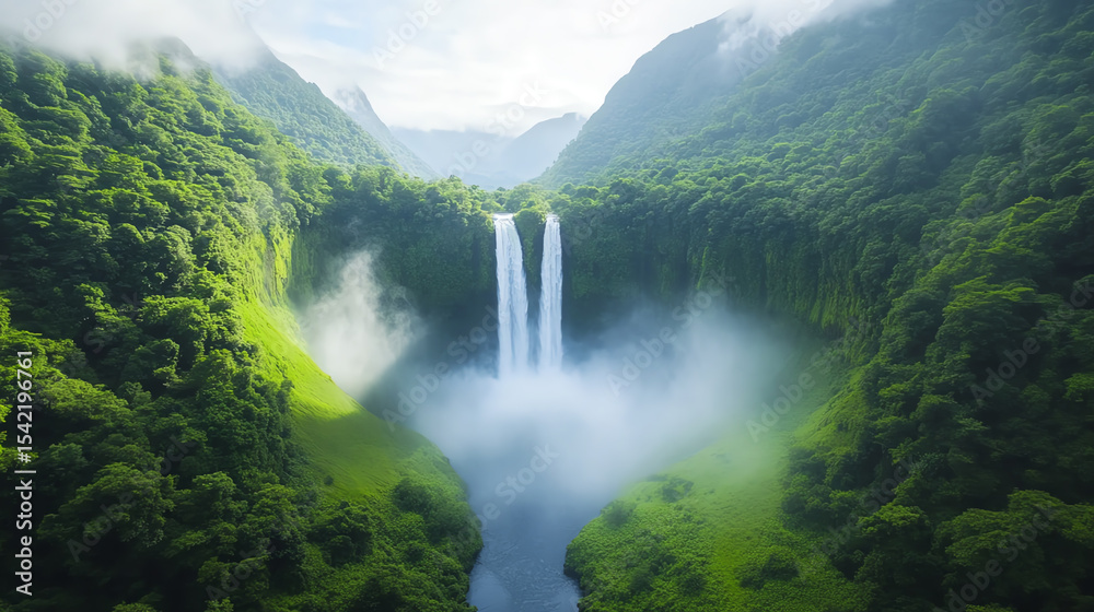 Fototapeta premium Stunning aerial view of a majestic waterfall surrounded by lush greenery and mist, showcasing the beauty of nature's tranquility.