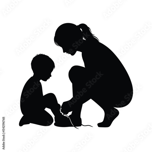 Mother Helping Child Tie Shoes Black Silhouette Vector Illustration