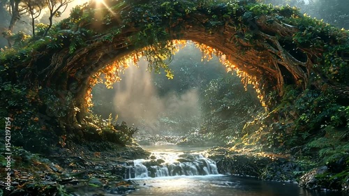 Enchanted forest with a natural archway, sunlight streaming through foliage, serene stream