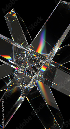 Abstract Glass Crystal Prism Structure, Rainbow Refraction, 3D Render