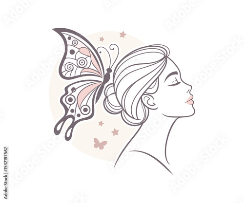 Serene Beauty Illustration with Woman's Profile, Butterfly, and Star Accents on White Background Vector Graphic Design