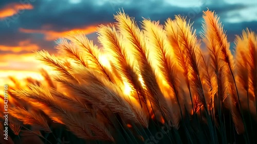 Golden pampas grass swaying in the sunset with vibrant clouds in the background