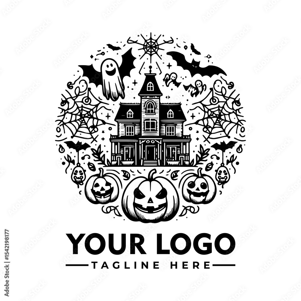Obraz premium Spooky Halloween illustration featuring a haunted house, pumpkins, bats, ghosts, and spiderwebs in a circular design.