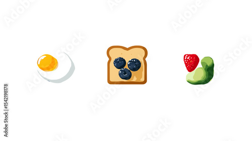 Minimal composition of egg toast berries and avocado on white background Nutrition and diets