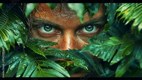 Intense gaze of a person peering through lush green foliage in a tropical setting