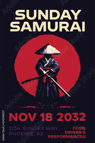Sunday samurai poster with Japanese warrior holding katana in front of red sun in retro pixel art style