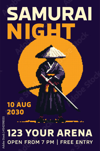 Samurai night poster with silhouette of traditional Japanese warrior holding katana in front of sunset background in retro pixel art style