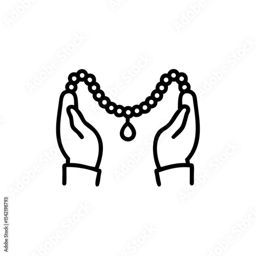 Black Line Art Illustration Two Hands Holding Hindu God Mala Beads Necklace Pendant Spiritual Symbol Handmade