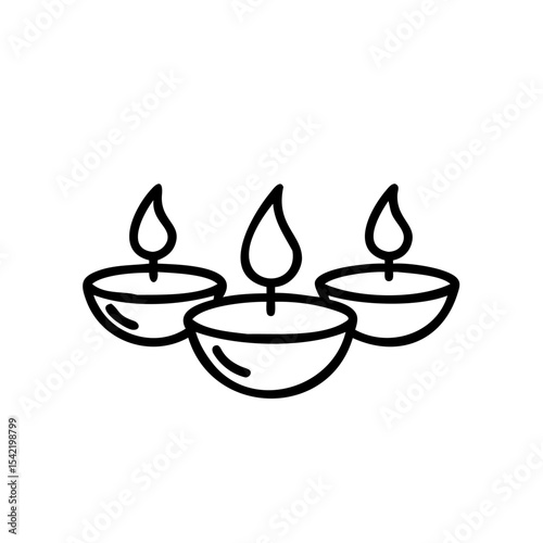 Three Black Outline Handmade Hindu God Diya Oil Lamps with Flames Lit Icon vector
