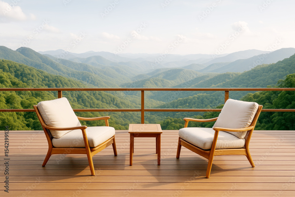 Fototapeta premium Comfortable Chairs on a Balcony Overlooking a Serene Mountain Landscape During the Early Morning Light
