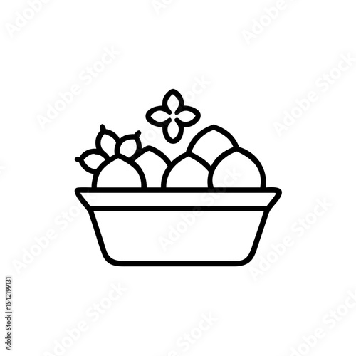 Line Art Icon Hindu God Offering Bowl Sweets Flowers Handmade Design Black White Simple Minimalist Religious Symbol