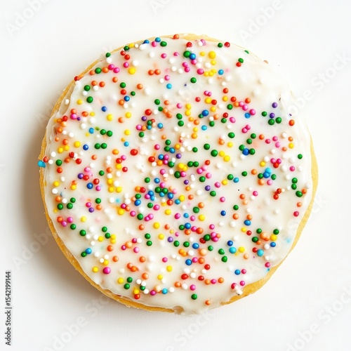Round, frosted cookie, vibrant sprinkles