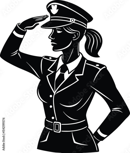 Female army officer saluting confidently in side view wearing uniform