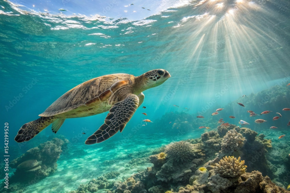 Obraz premium Sea Turtle Swimming Gracefully in Crystal Clear Waters, Coral Reef, Ocean Environment, Serene Viewpoint