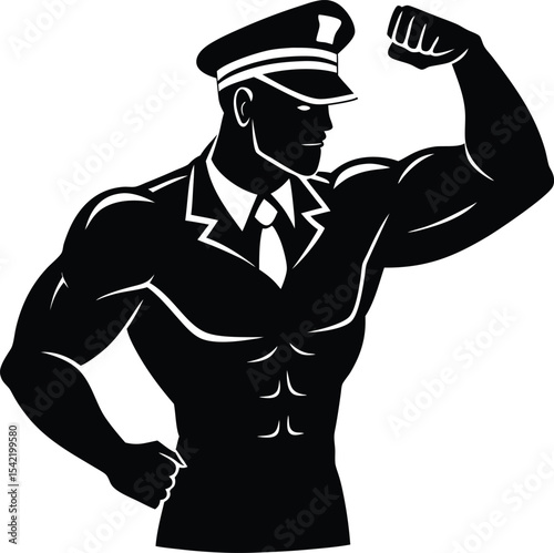Muscular soldier flexing biceps while saluting confidently in strong pose