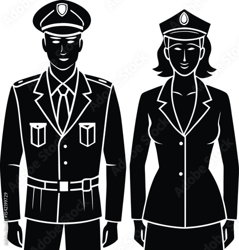 Set of male and female army officers standing straight in formal uniform