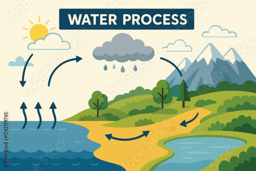 Water cycle process diagram showing evaporation condensation precipitation and groundwater flow in natural ecosystem landscape