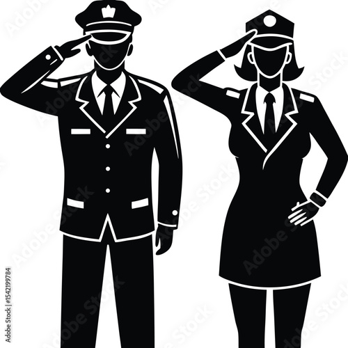 Set of uniformed military officers saluting together in proud formation