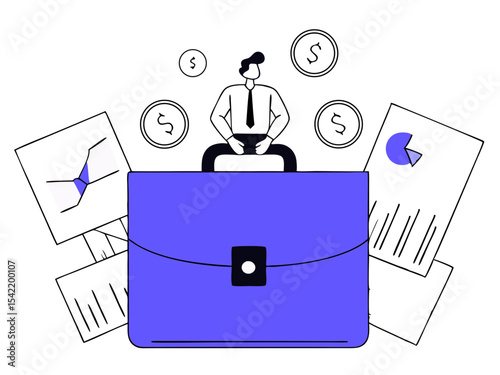 Investor Juggling Coins on Giant Briefcase - Stock Market Vector Illustration