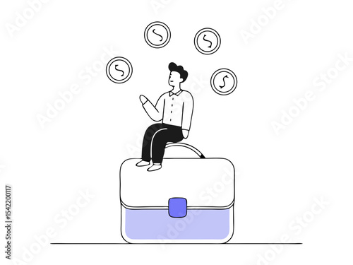 Investor Juggling Coins on Giant Briefcase - Stock Market Vector Illustration