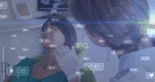Cosmetic practitioner palpating cheek skin as social overlays appearing and tracking engagement