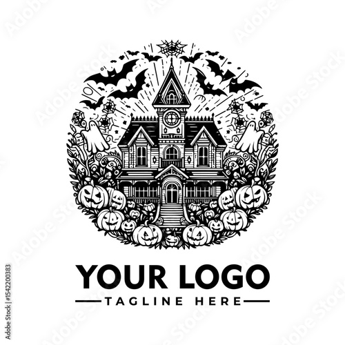 Haunted Victorian mansion encircled by Halloween elements; bats, ghosts, pumpkins, and spooky flora.