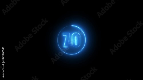 Abstract glowing neon text 70 number countdown icon. Glowing sign on black background Neon number. Glowing blue neon countdown timer number animation 4k. neon countdown timer color 4k