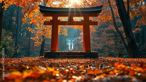 Serene autumn scene featuring a traditional torii gate surrounded by vibrant orange foliage