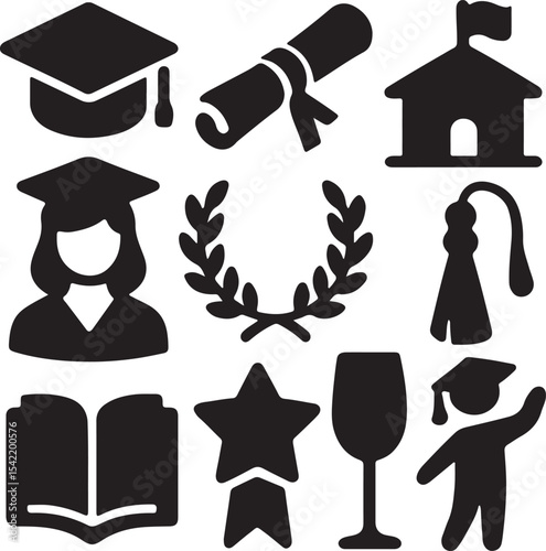 Online education icon set. Containing teacher avatar, school blackboard, apple, and textbook symbols. E-learning and digital education icons. Solid icon collection.