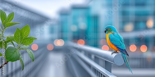 Vibrant bird on city railing