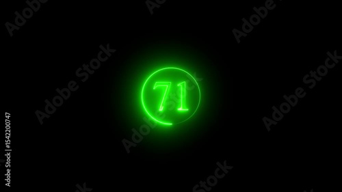 Abstract glowing neon text 71 number countdown icon. Glowing sign on black background Neon number. Glowing blue neon countdown timer number animation 4k