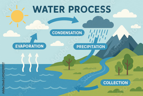 Educational water process diagram with evaporation condensation precipitation and collection stages in illustrated natural setting